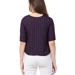 Women's Navy <b>Red</b> Stripe Three Quarter Sleeve O Neck Casual <b>Top</b> Regular Fit Woven Polyester Cotton Breathable All Seasons - Product Image 2