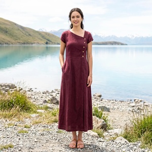 Vestido Midi de Algodón 100% Transpirable con Lazo, Cuello Asimétrico, Botones Delanteros, Corte en A, Cintura Alta, Mangas Campana, Bolsillos, Estilo Vintage para Verano - Product Image 1