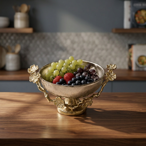 Bol à fruits en métal doré avec poignées florales, design poli fait main, pour fêtes, saladier décoratif, bol à fruits incassable en métal - Product Image 3