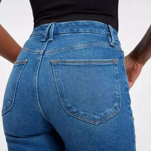 Pantalon cargo en jean droit tendance, taille élastique, coupe ample, longueur intégrale, bleu uni, décontracté, respirant, écologique, délavage sable - Product Image 6