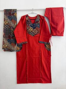 Beautiful Red Cotton Women's Ethnic Suit Set Stylish Designer <b>Kurti</b> and Salwar Summer Party Wear Quick Dry Modern - Product Image 1