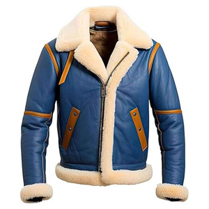 Chaqueta de cuero genuino azul para hombre, estilo vintage, para motociclista, con forro de piel sintética gruesa para invierno, con cierre de cremallera y cuello vuelto. - Product Image 1