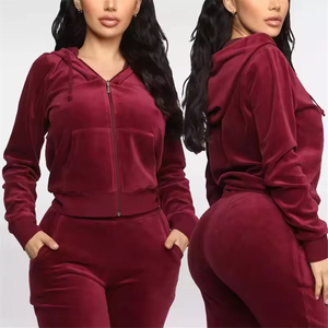 Wine Red Velour Eco-Friendly Winter Tracksuit Two Piece Set Hooded <b>Joggers</b> Full Sleeve Solid Color Casual <b>Outfit</b> <b>Women</b> Plus Size - Product Image 4