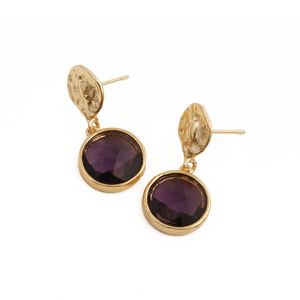 Purple Amethyst Drop <b>Earrings</b> Hammered <b>Gold</b> Plated Statement Gemstone Jewelry For Women V - Product Image 3