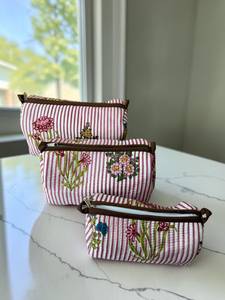 Elegant Pink Floral 3 Piece Cosmetic Pouch Set Quilted Cotton Makeup <b>Bags</b> for Women Travel <b>Vanity</b> Toiletry Organizer Gift Set - Product Image 6