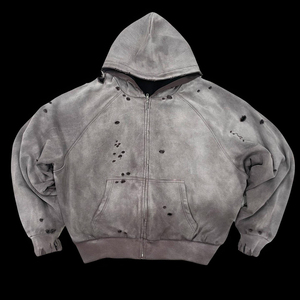 450GSM Oversized Men’s Acid Wash Hoodie 100% Combed Cotton Boxy <b>Zipper</b> <b>Jacket</b> with Drop Shoulder and Custom Logo - Product Image 1
