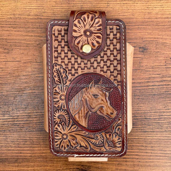 Western Cowboy Hand Tooled Leather Mobile Phone Case Luxury Cellphone Holder Case Portable Genuine Leather Phone Holster for Men