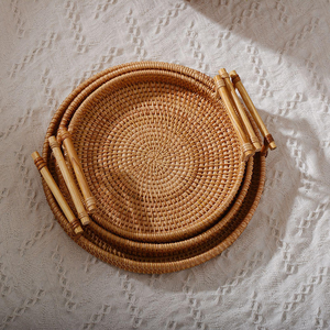 ถาดเสิร์ฟอาหารร้านอาหารราคาส่ง ถาดเสิร์ฟหวาย ถาดหวายกลมพร้อมหูจับ - Product Image 4