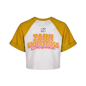 Camiseta Corta para Mujer, 180 GSM, Poliéster Interlock Premium, Color Blanco, Panel Amarillo Raglán, Impresión de Logotipo Personalizado por Sublimación - Product Image 2