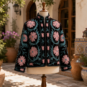 Veste en velours chaud pour femmes, broderie florale Suzani, faite à la main, en coton ethnique, doublée, manches longues, pour le printemps, l'automne et l'hiver - Product Image 3