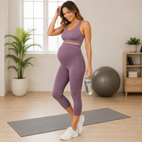 Conjunto de Maternidad de Dos Piezas Morado: Leggings con Soporte Abdominal y Sujetador Sin Mangas de Cuello Redondo, Transpirable, de Spandex y Nylon, Largo hasta la Pantorrilla