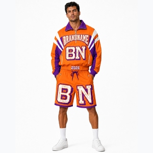 Custom Brand Name Men's Sporty Streetwear Tracksuit Set Orange Purple Quarter-Zip Jacket Shorts Woven Satin Spring Windbreaker - Product Image 5