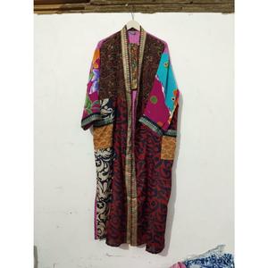 Luxury Summer Kimono Bikini Cover up Night Wear handmade patchwork Long Robe Handmade Indian Vintage Recycled Silk Sari Kimono - Product Image 3