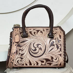 Ensemble de 2 sacs à main assortis en cuir véritable fait main, design floral vintage, fermeture éclair, sacs de voyage pour femmes, sacs bandoulière - Product Image 3