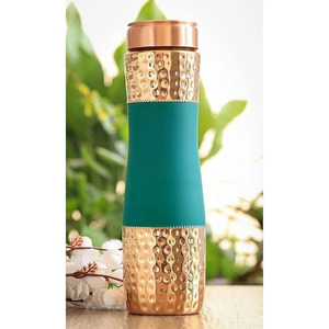 Half Hammered Half Green Color Silk Finish <b>Copper</b> Water <b>Bottle</b> Handmade Pure <b>Copper</b> <b>Drinking</b> <b>Bottle</b> For Daily Hydration - Product Image 3