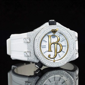 Briva Jewels BJ-08 Unisex Japanese Mechanical <b>Watch</b> Rubber Strap Analog White <b>Gold</b> Tone Moissanite 41mm Stainless Steel Case - Product Image 1