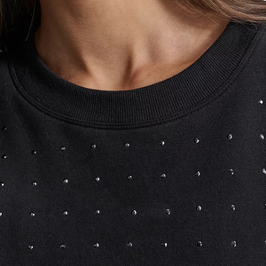 Hot Sale Women's Winter Casual Oversize Sweatshirts Black Solid Color Rhinestones Washed Crew Neck Customized Cotton/Polyester - Product Image 5