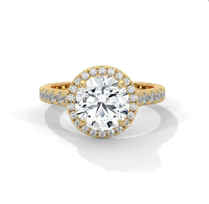 Diamante de corte brillante redondo de 2.00 quilates con halo y piedras laterales en banda de oro macizo de 18k, estilo de lujo con banda pavé. - Product Image 1