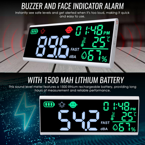 Medidor de nivel de sonido digital montado en la pared, rango de 30~130dB, pantalla a color, medidor de ruido con temperatura y humedad para oficina, hogar, hospital - Product Image 4