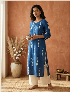 Kurti droit imprimé en coton bleu pour femme, col rond, manches trois quarts, tunique ethnique décontractée confortable pour tous les jours - Product Image 3