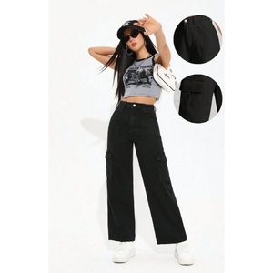 Pantalones Vaqueros Cargo de Mezclilla Negros de Estilo Retro Moderno, de Cintura Alta, Corte Holgado, con 6 Bolsillos, Transpirables, de Moda Vintage, Tallas 26-40 - Product Image 6