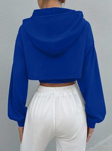 Sudadera con capucha corta blanca con bloques de color en las mangas azules, top informal de otoño para mujer - Product Image 3