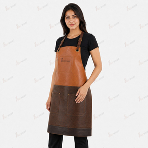 Tablier en cuir pour femme, marron, design bicolore, fermeture à boutons-pression, tablier uniforme pour le personnel de service de restaurant et de bar - Product Image 2