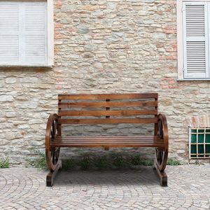 ม้านั่งสำหรับนั่งสองคน ดีไซน์ล้อรถม้าไม้แบบเรียบง่าย พร้อมที่นั่งและพนักพิงแบบไม้ระแนง สีน้ำตาล - Product Image 3