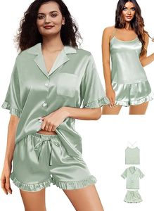 Women Satin Pajamas <b>Set</b> Short Sleeve Elastic Waist Solid <b>White</b> Classic Style <b>2</b> <b>Pieces</b> Summer Winter Wear Stretch - Product Image 2