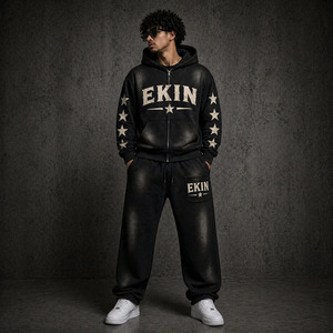 Ekin Impex OEM Custom Pearl Logo Sun Faded Vintage Streetwear Embroidery Hoodies and Waistband Sweatpants <b>Tracksuit</b> for Men - Product Image 3