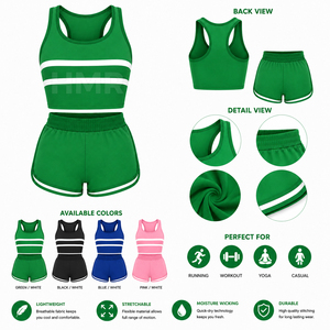 Conjunto Deportivo de 2 Piezas con Rayas Verdes de la Hermandad HMR, Top Corto sin Mangas y Pantalones Cortos Deportivos de Punto para Primavera/Verano - Product Image 6
