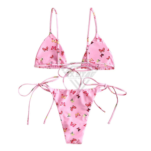 Conjunto de Bikini con Estampado de Mariposas Rosas para Mujer, Traje de Baño Elástico de Dos Piezas, Top Halter con Lazos Laterales y Detalle de Cordón - Product Image 1