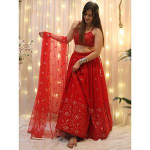 Glamorous <b>Red</b> <b>Sequins</b> Georgette Wedding Wear Lehenga Choli - Product Image 6