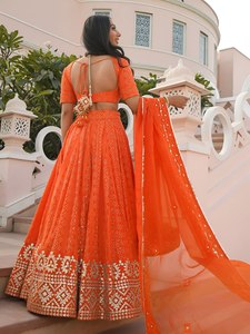 Lehenga Choli orange avec broderie dorée pour femmes, tenue de mariage Inde Pakistan, robe traditionnelle en polyester longueur ras du sol - Product Image 5