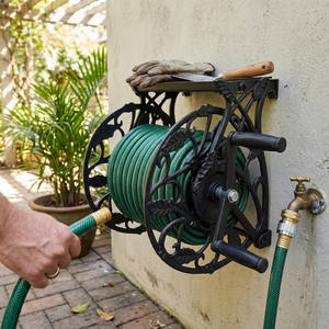 Garden Decor Vintage Heavy Duty Metal Wall Mount Hose Reels 125ft with Shelf for Outdoor Patio Garden Watering ODGGAD016 - Product Image 1