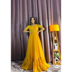 Robe Anarkali de créateur coupe trapèze pour les fêtes, magnifique, ornée d'un Koti, taille XL, en tissu mousseline, taille empire - Product Image 4