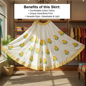 Falda Larga Artisan 36 Kali A-Line, Corte en A, Algodón con Estampado Artesanal, Motivo Amarillo, Sin Elástico, con Lazos - Product Image 6