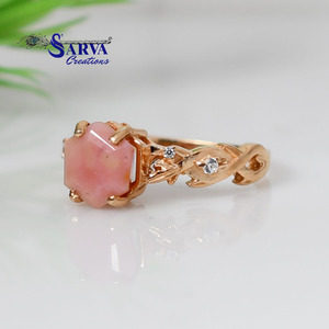 Bague en opale rose naturelle plaquée or rose, argent sterling 925, pierre précieuse hexagonale, zircon, bijoux vintage pour femmes - Product Image 4