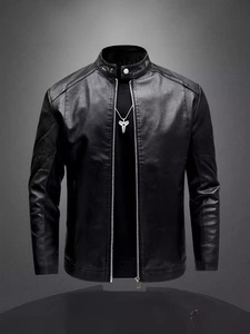 Blouson en cuir véritable pour homme, couleur unie, col montant, coupe ajustée, manches classiques, fermeture éclair, style motard, pour l'automne - Product Image 3