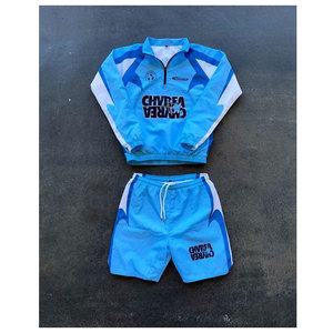 Rhino Fitness Best Unisex Windproof <b>Hooded</b> Loose Fit Tracksuit Set Light Green White Half-<b>Zip</b> Drawstring Shorts Full Sleeve - Product Image 3