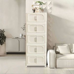 19.69\" Cream White Side Wide Folding Storage Cabinet with 5 Tiers Collapsible Storage Bins 11.81\" 50.00\" for Living Room - Product Image 1