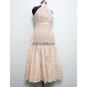 Robe midi décontractée d'été pour femme, imprimé floral, col roulé, coupe trapèze, sans manches, 100 % coton, respirante - Product Image 3