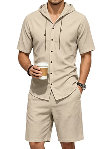 Men Breathable Knitted Solid Hooded Shirt Set Short Sleeve Button-Up Top and Elastic Waist Shorts Casual Summer Outfit - Product Image 5