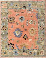 Tapis Premium Peach Oushak noué à la main en laine/soie, bordure vert sauge, motif floral traditionnel, adapté aux animaux domestiques, antidérapant, à poils ras 1