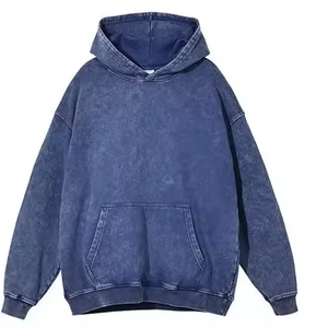 เสื้อฮู้ดดี้สีน้ำเงินกรมท่าแบบย้อมสีเอซิดทรงโอเวอร์ไซส์สำหรับผู้ชาย แขนเสื้อแบบดรอปโชว์เดอร์ มีกระเป๋าคางคกูโร่ สไตล์วินเทจ สตรีทแวร์ - Product Image 1