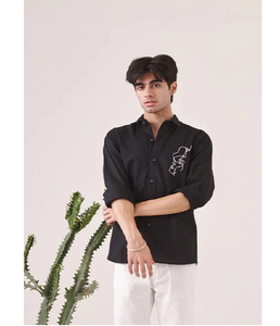 Camisa de Lino para Hombre, a la Moda, Manga Larga, Bordado Facial, Corte Ajustado, Casual, con Botones, para Verano, Oficina, Uso Diario, Cómoda - Product Image 1