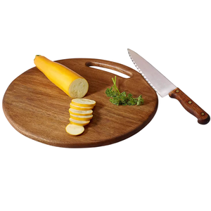 Tabla de cortar redonda de madera con mango, patrón de grano natural, para preparación de alimentos - Product Image 6