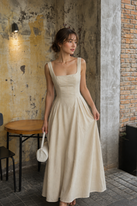 Vestido Largo Plisado Beige Chic de Verano para Mujer, Cuello Cuadrado, Cintura Natural, Ecológico, Ideal para Fiestas Casuales - Product Image 5