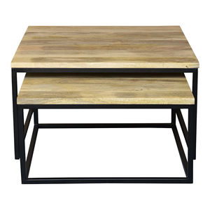 Juego industrial de 2 mesas de centro cuadradas de madera maciza de mango y base de metal, estilo europeo, hechas a mano, con acabado negro y natural. - Product Image 3