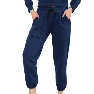 Pantalon de jogging cargo bleu marine pour femme, taille élastique avec cordon de serrage, décontracté, avec poches latérales et chevilles resserrées, idéal pour l'entraînement - Product Image 1
